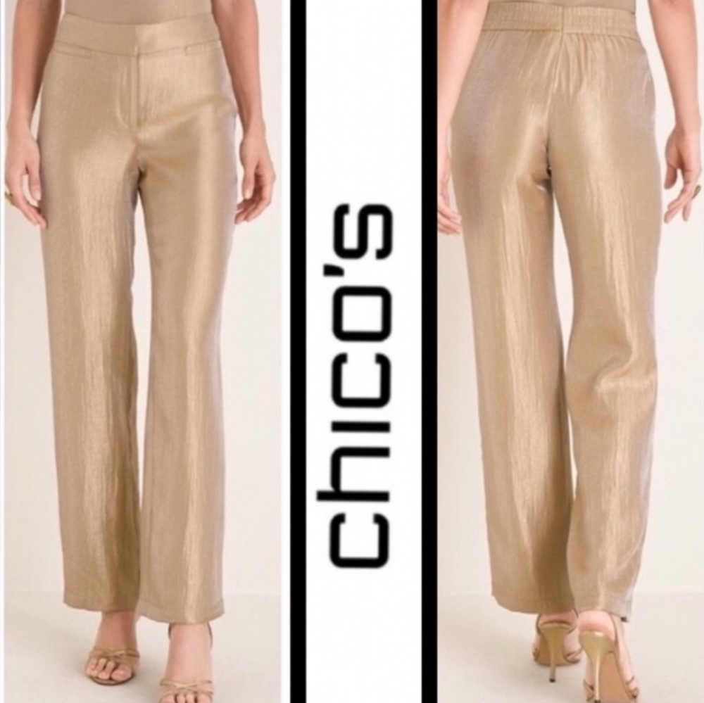 Chicos Travel Collection Welt Pocket Fully Lined Pant Gold Shimmer Size 0 New